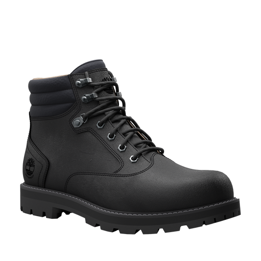 Black leather work boot with metal eyelets and thick lug sole.