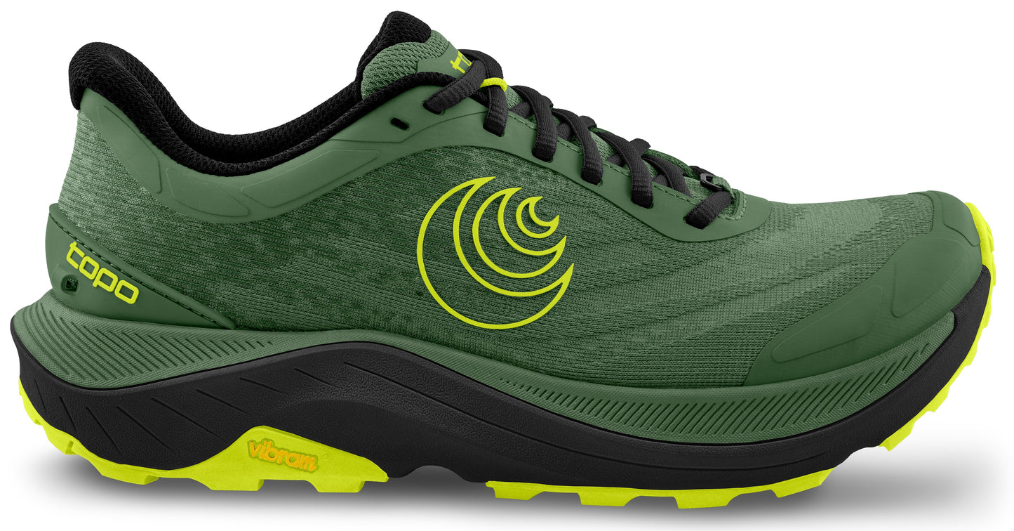 Green running shoe with black laces and sole, and yellow accents.