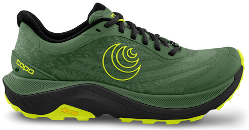 Green running shoe with black laces and sole, and yellow accents.