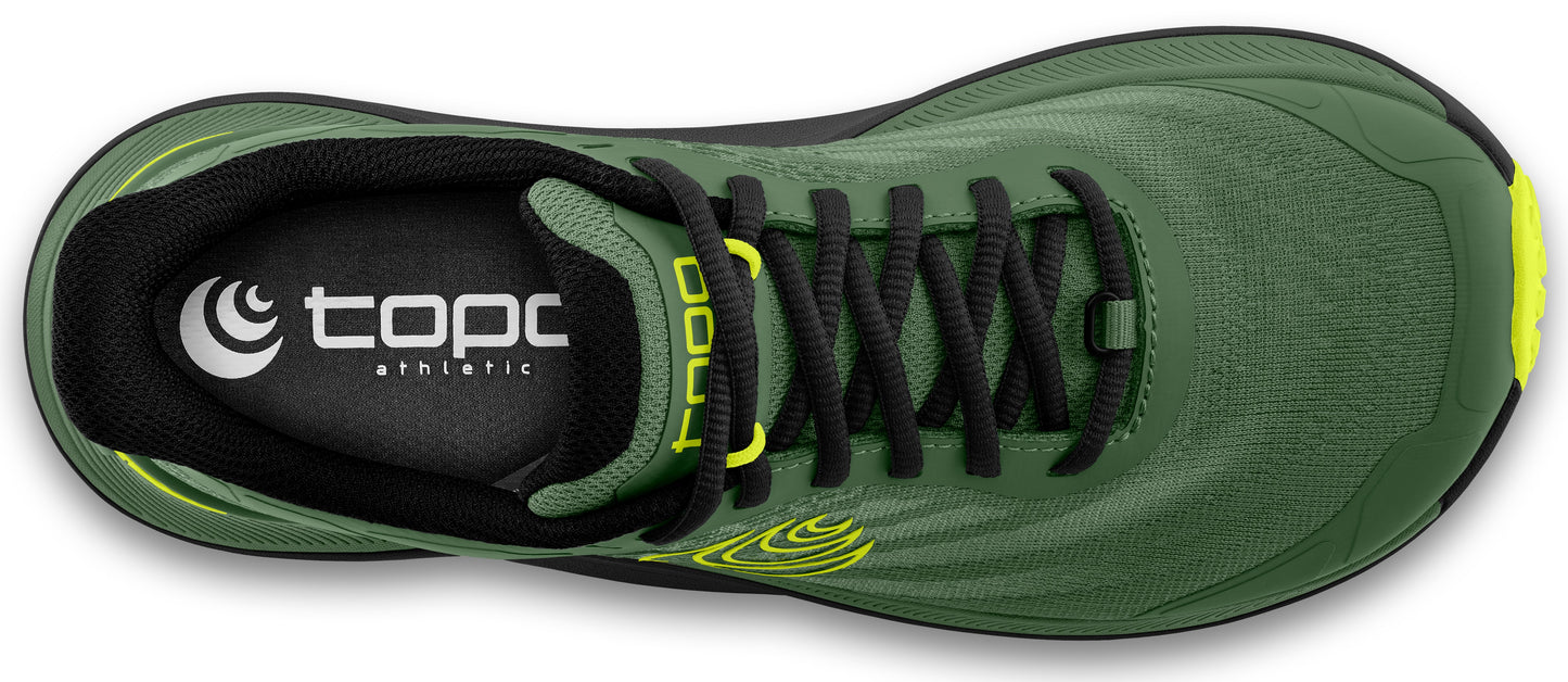 Top-down view of a green running shoe with black laces and a black interior.