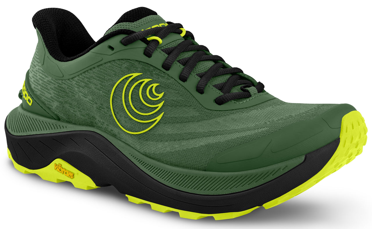 Green running shoe with black laces, black midsole, and yellow outsole, side view.