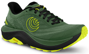Green running shoe with black laces, black midsole, and yellow outsole, side view.