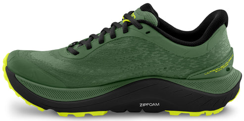 Green running shoe with black midsole and neon yellow outsole.