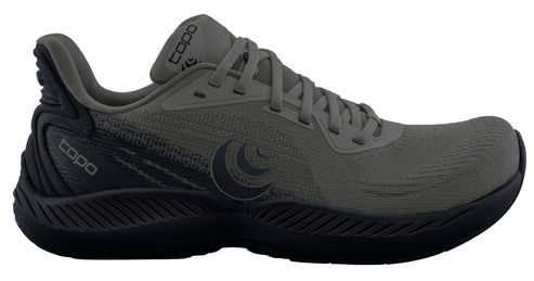 Gray athletic shoe with black sole and Topo logo.