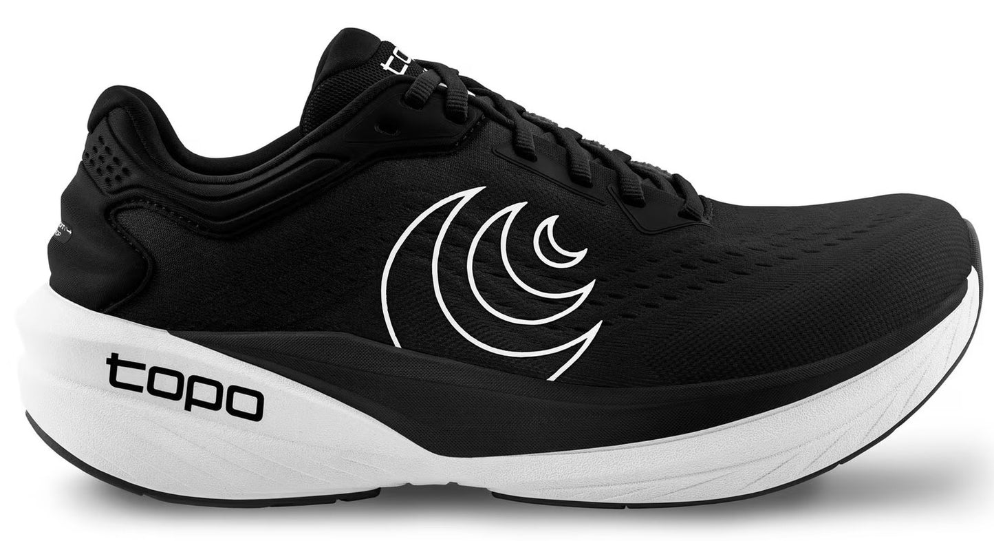 Black and white running shoe with white logo and the word 'topo' on the side.