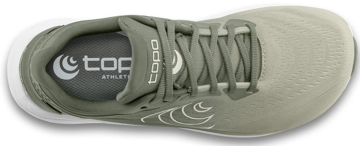 Overhead view of a gray athletic shoe with white logo inside and outside.