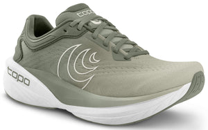 Light olive running shoe with a white sole and white logo on the side.