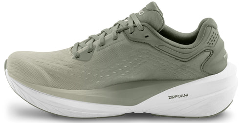 Olive running shoe with white sole.