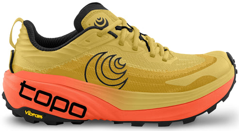 Yellow running shoe with an orange sole and black accents, featuring a circular logo and the text "topo" and "Vibram".
