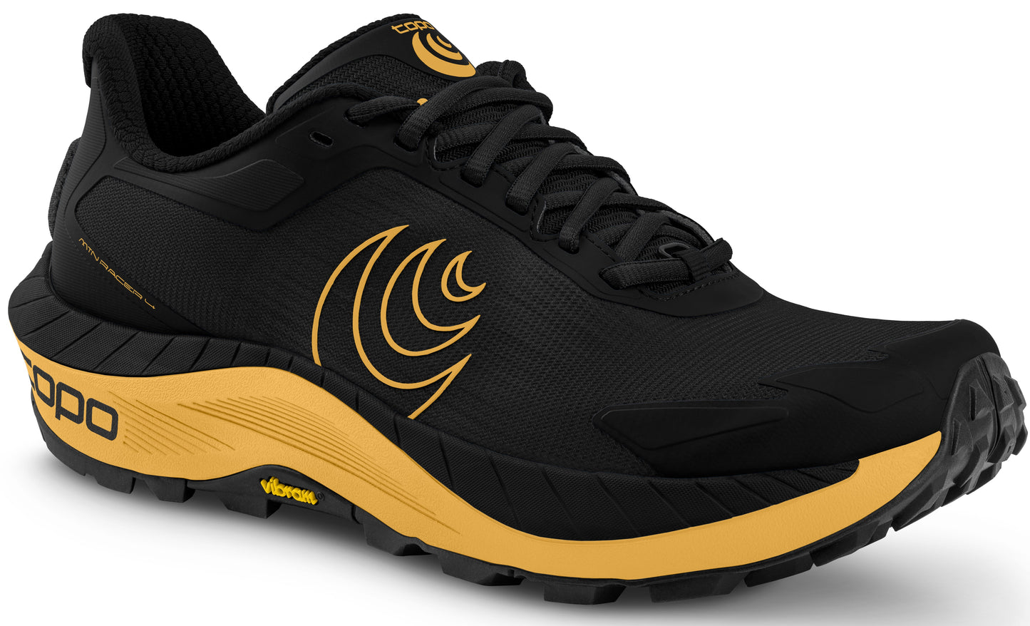 Black running shoe with gold sole and logo.