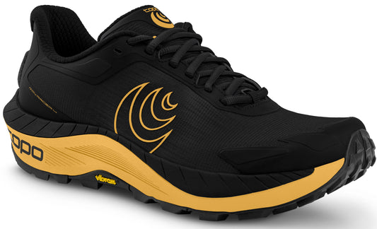 Black running shoe with gold sole and logo.