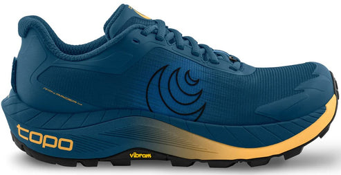 A dark teal running shoe with a yellow midsole trim and black outsole, featuring the brand "topo" in yellow.