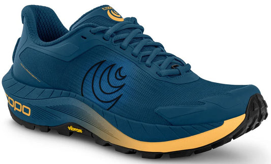 Blue running shoe with black laces and logo, fading yellow sole.