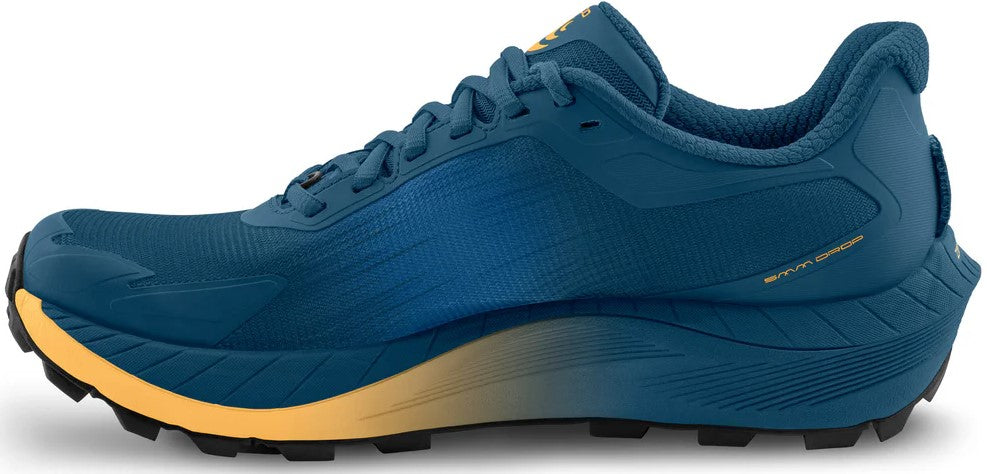 A blue running shoe with black sole and orange accent.