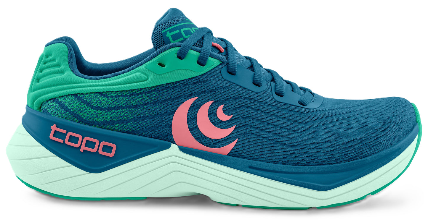 Blue and green running shoe with light pink design.