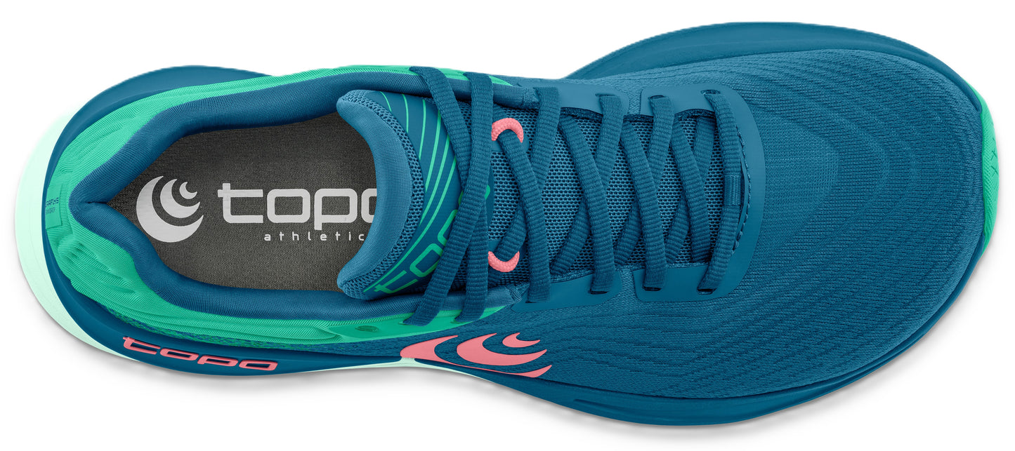 Teal running shoe with pink accents, laces, and visible logo.