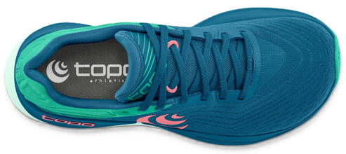 Teal running shoe with pink accents, laces, and visible logo.