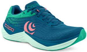 A blue athletic shoe with salmon-colored logo and light green sole.