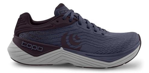 A running shoe in blue with gray soles.