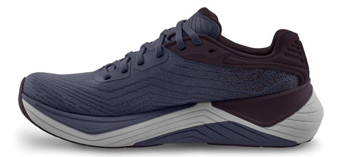 A running shoe in shades of blue with a thick, multi-layered sole.