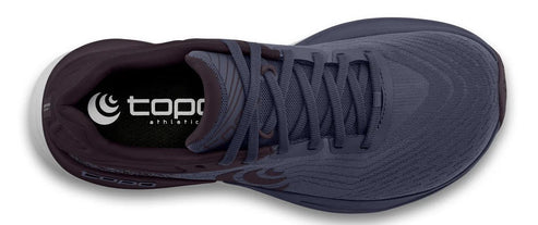 Overhead view of a blue running shoe with laces.