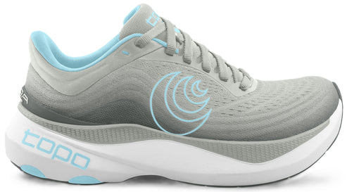 Grey running shoe with white sole and blue accents.
