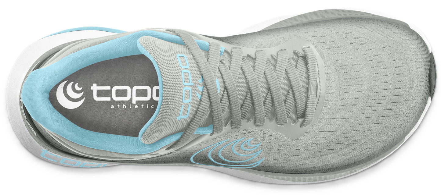 A gray running shoe featuring light blue accents around the insole and on the shoe's side.