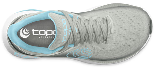 A gray running shoe featuring light blue accents around the insole and on the shoe's side.