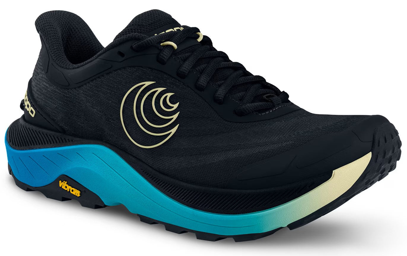 Black running shoe with blue-gradient sole and swirl logo.