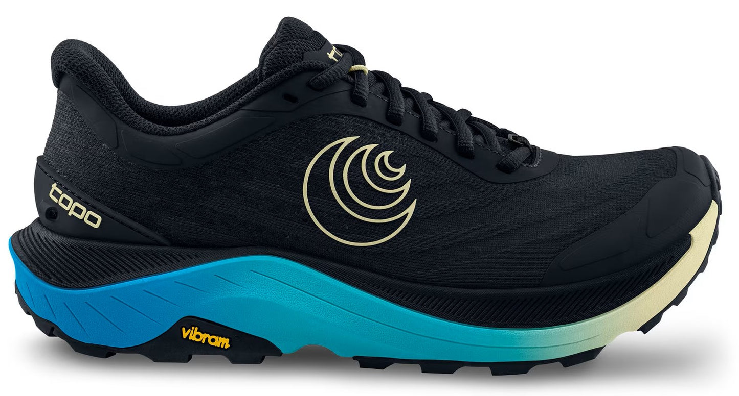 A black running shoe with a blue-yellow gradient midsole, a tan logo and vibram soles.