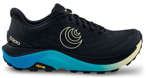 A black running shoe with a blue-yellow gradient midsole, a tan logo and vibram soles.
