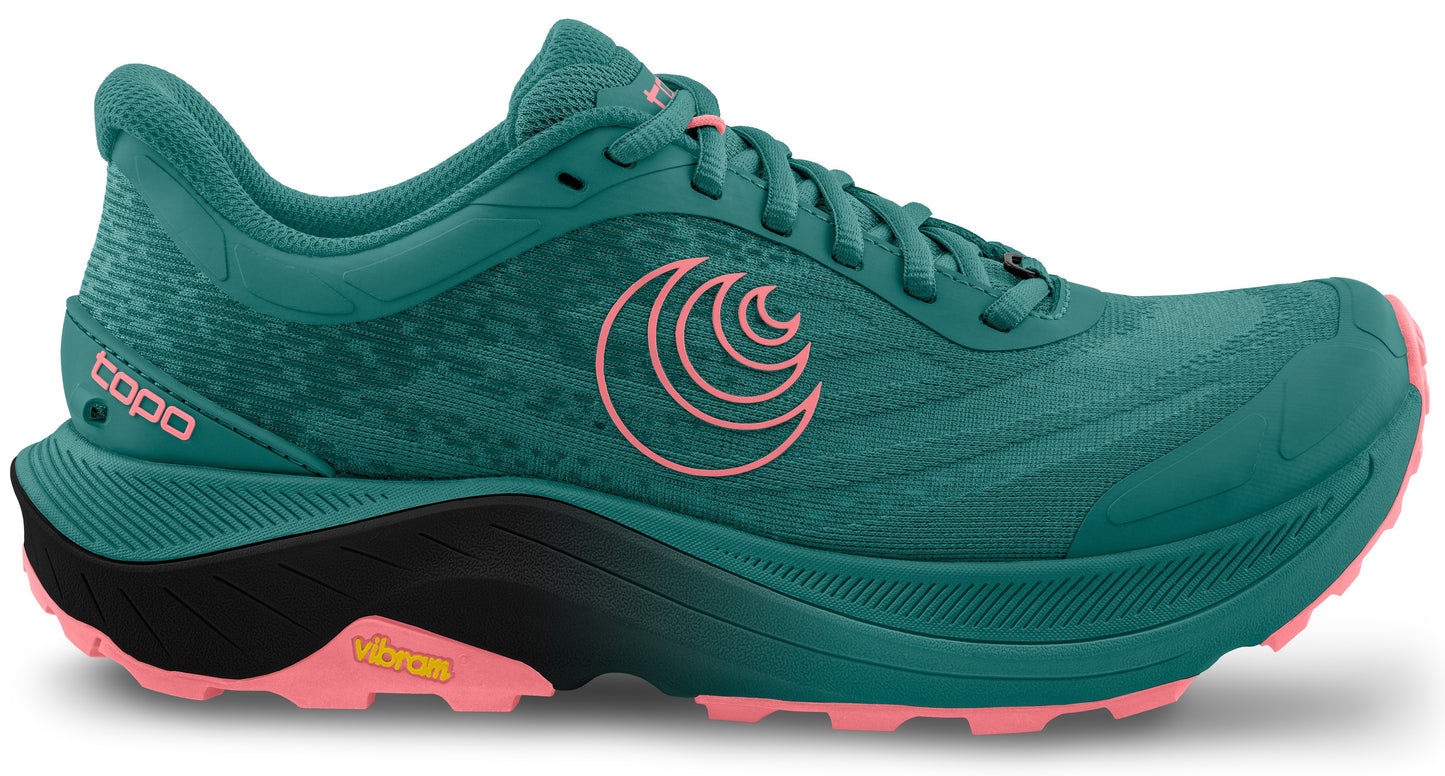 Teal running shoe with a thick sole and pink accents.