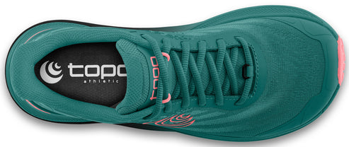 A teal running shoe viewed from above showing its laces and insole with the text 'topo athletic'.