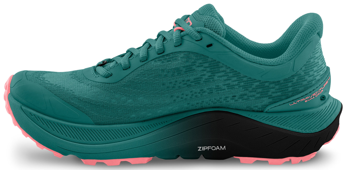 Teal running shoe with pink accents.