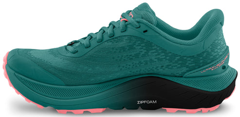 Teal running shoe with pink accents.