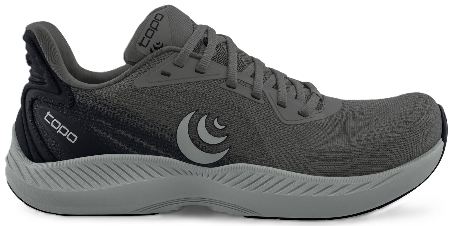 A grey running shoe with a black heel.