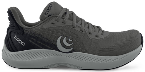 A grey running shoe with a black heel.