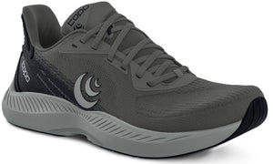 A gray running shoe with gray laces and a white logo on the side.