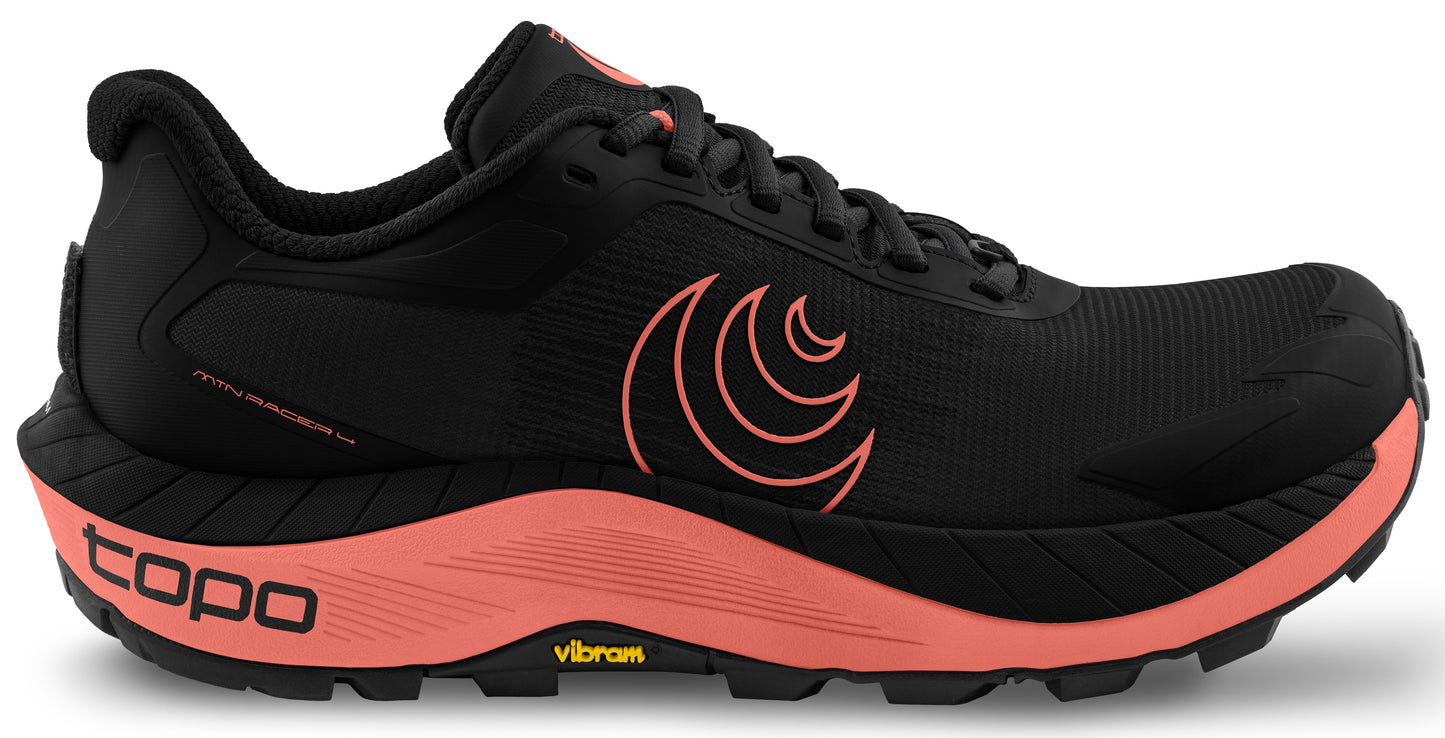 A black running shoe with an orange sole and logo.