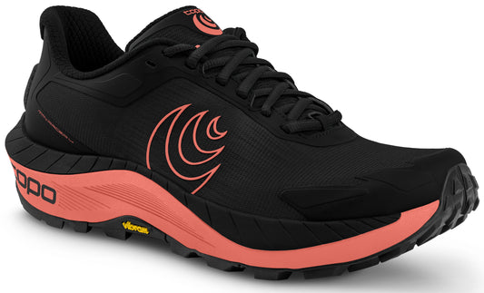 A black athletic shoe with a coral colored sole and coral logo on the side.
