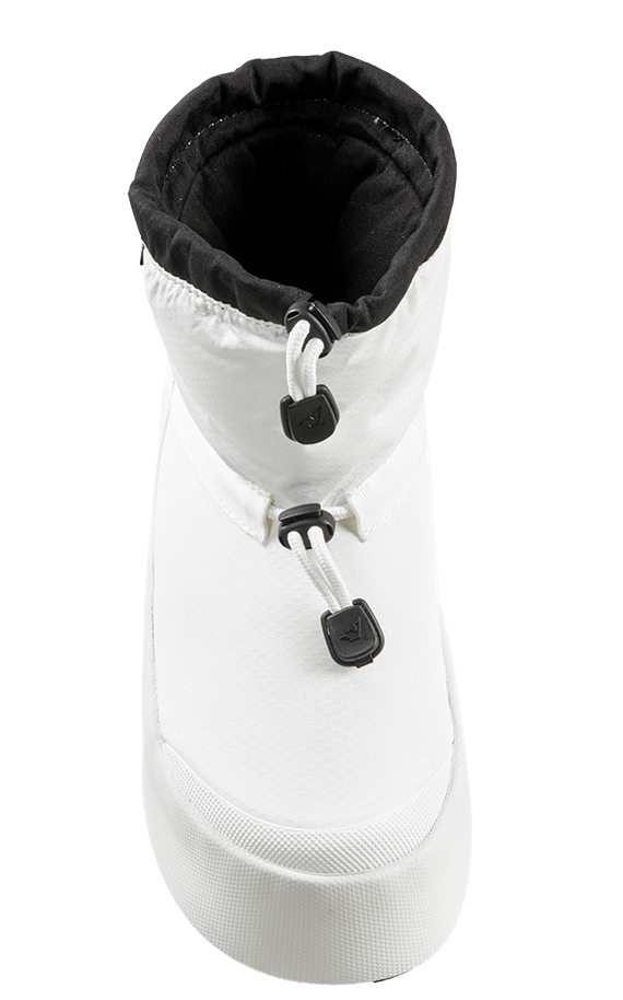White, high-ankle boot with black interior and adjustable toggle lacing.