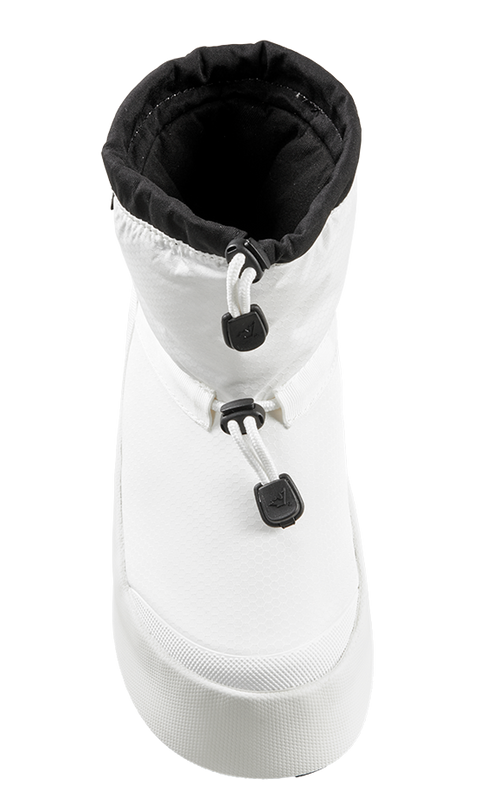 White, high-ankle boot with black interior and adjustable toggle lacing.