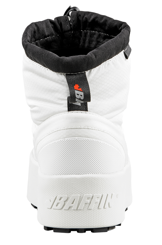 White boot from the rear; black trim around opening; 'BAFFIN' embossed on lower heel.