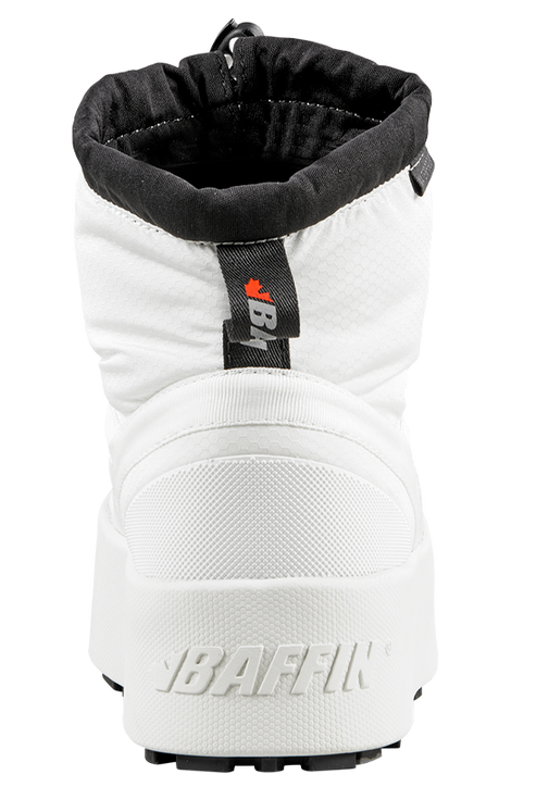 White boot from the rear; black trim around opening; 'BAFFIN' embossed on lower heel.