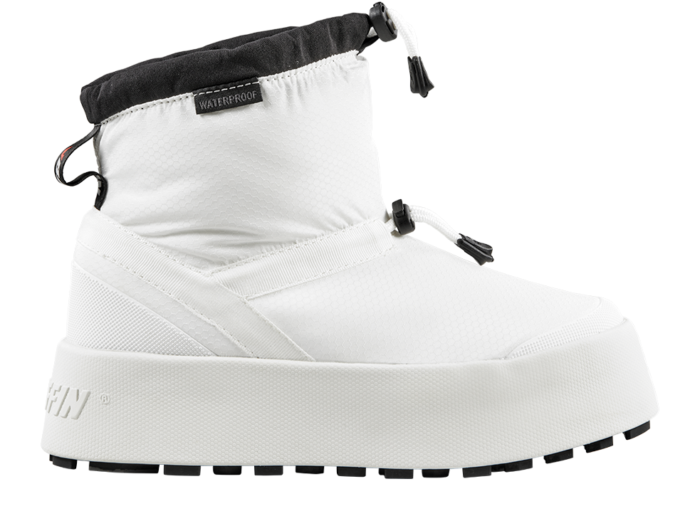 White, ankle-high boot with black trim, waterproof label, and thick sole.