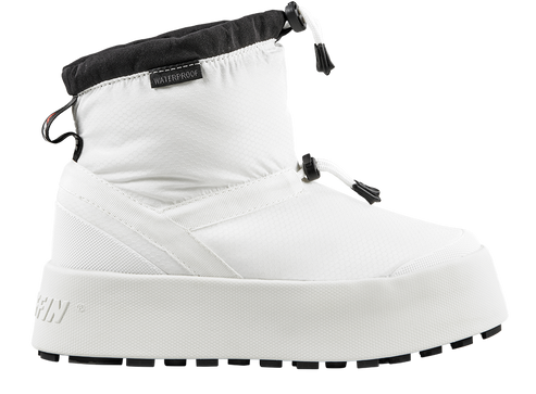 White, ankle-high boot with black trim, waterproof label, and thick sole.