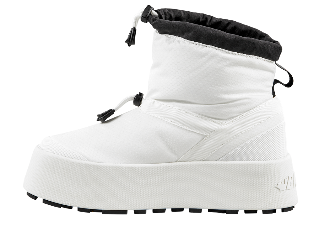 A white puffy, insulated snow boot with black drawstring closure around the ankle.