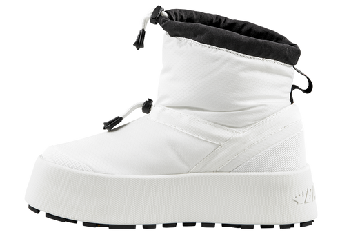 A white puffy, insulated snow boot with black drawstring closure around the ankle.