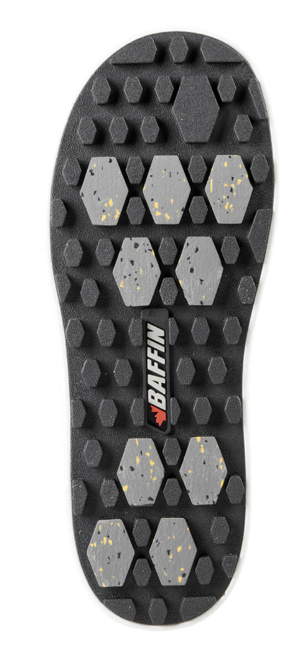 A sole of a boot with black grips and the Baffin logo in the middle.