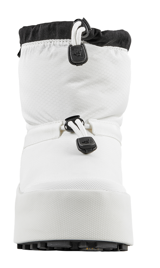 Front view of a white boot with black rubber sole and drawstring closure.